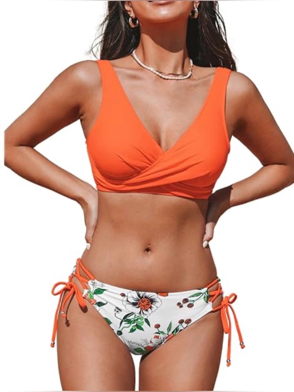 CUPSHE Wrap Front Women's Orange V-Neck Twist Bikini Top Floral Tie-Side Bottom